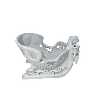 White Ceramic Sleigh Candle Holder with Gold Accents Christmas Decor